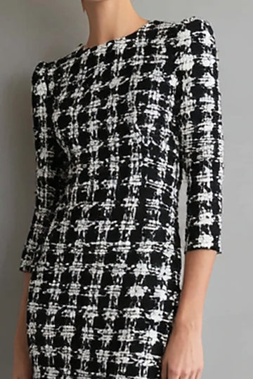 Mix Black Grid Mermaid Tweed Midi Work Dress